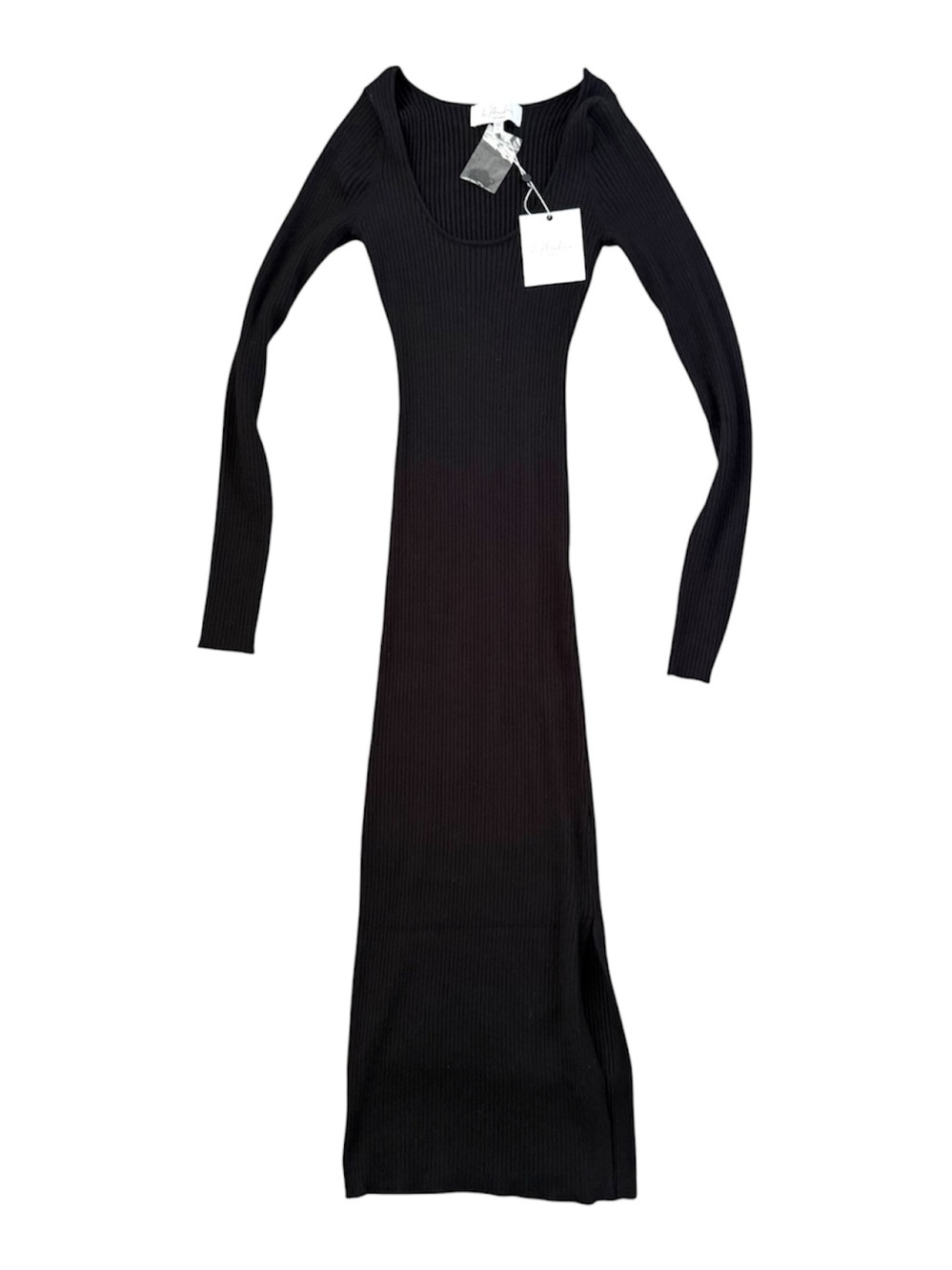 L’Academie Black Ribbed Side Slit Long Sleeve Maxi Dress NWT